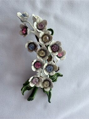 Vintage White Enamel Flower Brooch with Pastel Rhinestones